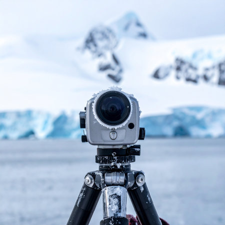 A rugged camera stands ready on its tripod, capturing the silent, majestic beauty of a vast polar landscape.の素材
