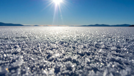 A low-angle view captures the intricate, glistening texture of salt crystals stretching to a distant horizon under a brilliant, sun-drenched sky.の素材
