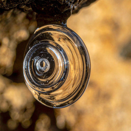 A macro photograph captures a perfectly formed, transparent spiral of natural resin hanging delicately from a piece of dark, textured bark.の素材