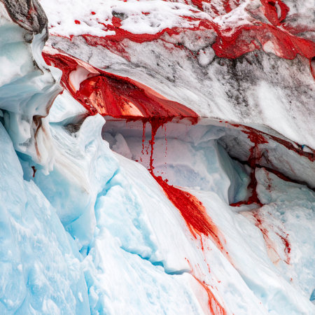 A mysterious, crimson flow seeps from the heart of an ancient glacier, staining the pristine blue and white ice.の素材