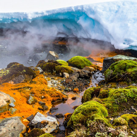In a remote polar wilderness, a geothermal vent breathes life into the frozen landscape.の素材