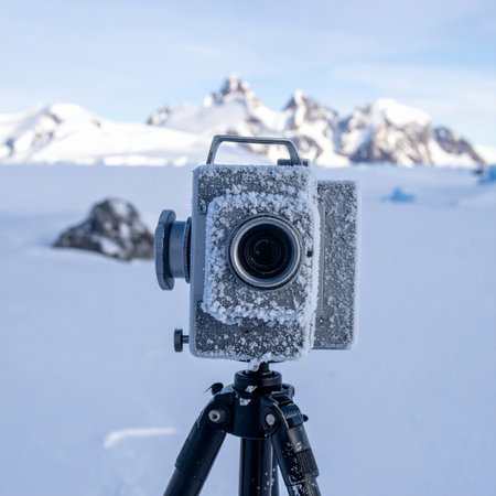 A dedicated photographer's camera, covered in a layer of ice and frost, stands firm on its tripod against the vast, frozen landscape of Antarctica.の素材
