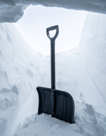 A lone black snow shovel stands upright in a freshly dug trench, taking a brief pause from the monumental task of clearing a path through a deep wall of snow after a heavy winter storm.の素材