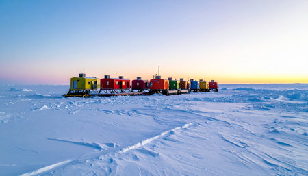 The first light of dawn breaks across the vast, frozen expanse of an Antarctic ice shelf, illuminating a colorful modular research station.の素材