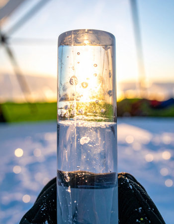 A hand in a black glove holds a clear glass of pure, bubbling water up to the light of a brilliant winter sunrise.の素材