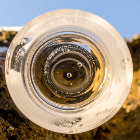A unique perspective looking up through the base of a crystal glass, where light refracts and distorts the world outside.の素材