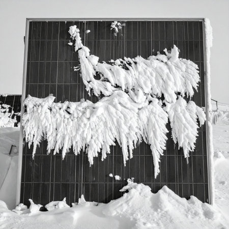 A black and white photograph captures the stark reality of a solar panel overwhelmed by a severe winter storm.の素材