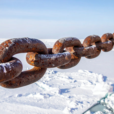 A massive, rust-covered industrial chain lies frozen in a vast, snowy landscape.の素材