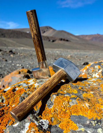 After a long day of geological fieldwork, two trusty hammers rest on a vibrant, lichen-covered boulder.の素材