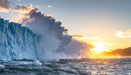 A colossal wall of ancient ice collapses into the frigid ocean, sending a powerful wave across the water.の素材