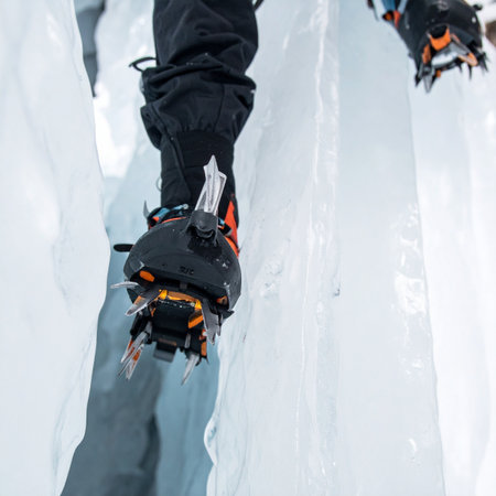A close-up detail shot captures the critical moment an ice climber's crampons bite into a sheer, frozen glacier wall.の素材