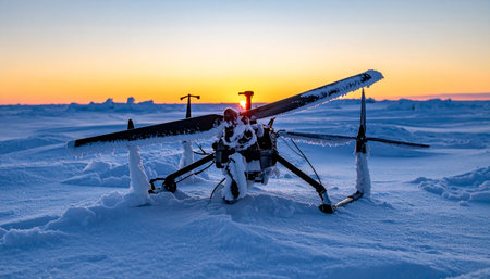 Against the stunning gradient of a polar sunset, the skeletal remains of a helicopter lie frozen in time.の素材