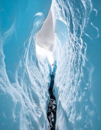 A mesmerizing view from deep within a glacial crevasse, where layers of ancient, compressed ice glow with an ethereal blue light.の素材