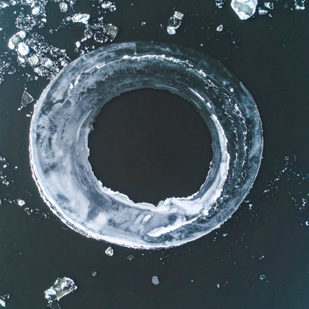 A macro view of a perfectly formed ice ring creates an abstract, celestial scene.の素材