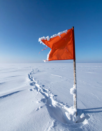 An ice-covered trail marker stands as a solitary beacon in a vast, frozen landscape.の素材