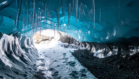 A path of snow winds through a breathtaking subglacial ice cave.の素材