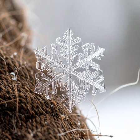 A stunning macro photograph captures the breathtaking, intricate geometry of a single, perfect snowflake.の素材