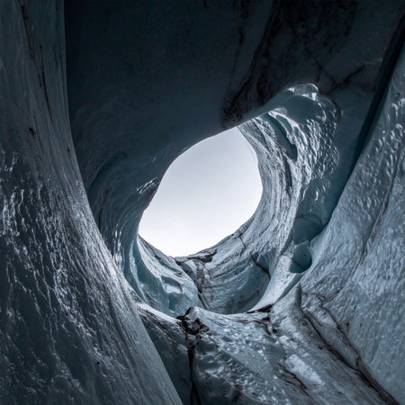 A breathtaking view from deep within a glacial ice cave, looking up towards a bright opening to the sky.の素材
