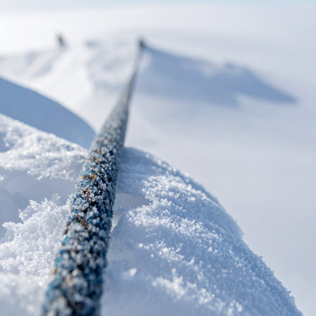 A frost-covered climbing rope stretches across a vast, untouched expanse of snow, acting as a vital lifeline and guide.の素材