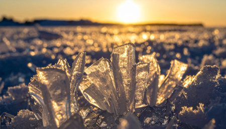 In the quiet magic of a winter evening, delicate ice crystals catch the last rays of the setting sun.の素材