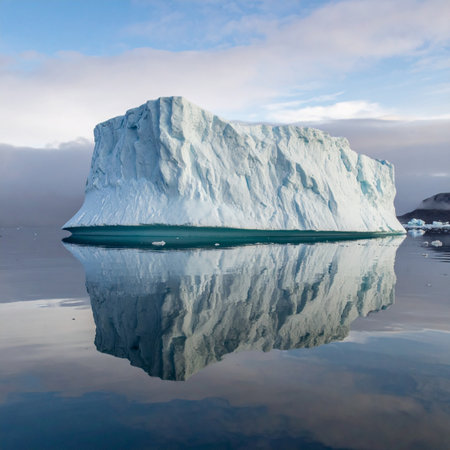 A colossal iceberg drifts silently through glassy, still waters.の素材