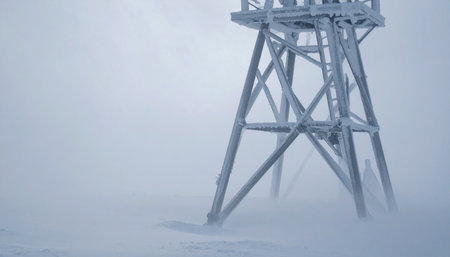 A metal lattice tower stands resilient against the full force of an arctic blizzard.の素材