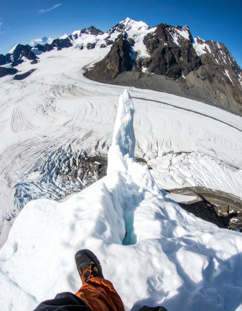 From a first-person perspective, a mountaineer stands at the precipice of a narrow, icy ridge.の素材