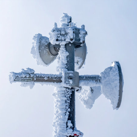A telecommunications antenna is encased in a thick layer of rime ice, a testament to its endurance against a brutal winter storm.の素材