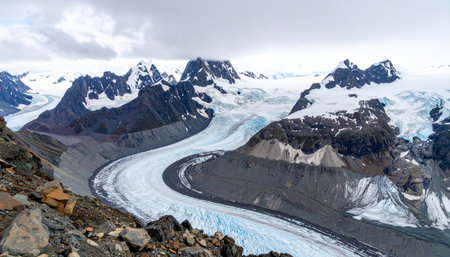 A massive glacier carves a serpentine path through a remote, high-altitude valley.の素材