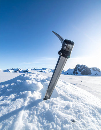 An ice axe stands planted firmly in the snow at the summit, a symbol of a successful and challenging ascent.の素材