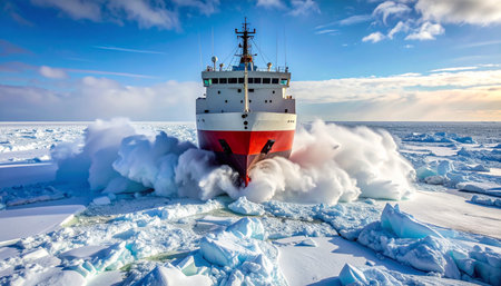 A formidable icebreaker vessel forges a path through the vast, frozen expanse of the polar sea.の素材