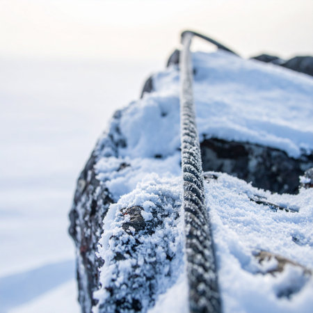 A frosted safety rope provides a crucial lifeline up a treacherous, snow-covered rock face.の素材