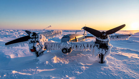 A vintage warplane, a ghost from a past conflict, lies perfectly preserved in the arctic ice.の素材