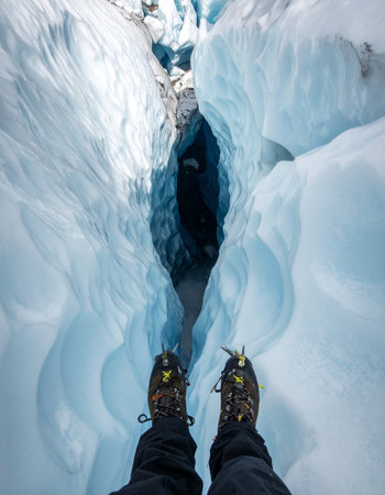 From a thrilling first-person perspective, a hiker stands precariously at the edge of a deep, blue ice crevasse.の素材