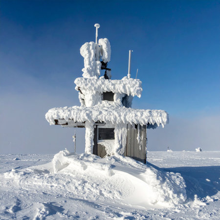 A remote scientific outpost stands encased in a thick shell of rime ice, a testament to survival against the planet's most extreme weather.の素材