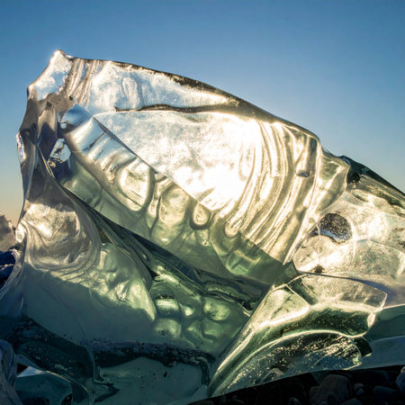 A massive shard of raw obsidian gleams under the bright sun, its polished, fractured surfaces reflecting the clear blue sky.の素材