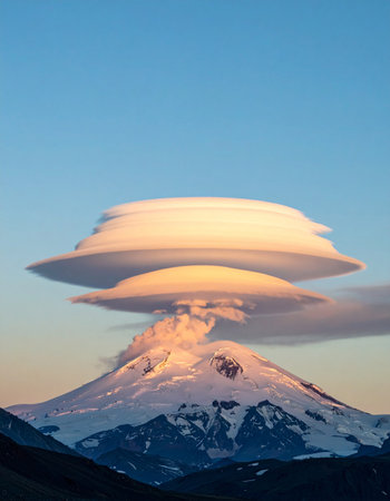 A stunning display of nature's artistry as multi-layered lenticular clouds, glowing in the warm light of sunset, form a perfect crown over a majestic, snow-capped volcano.の素材