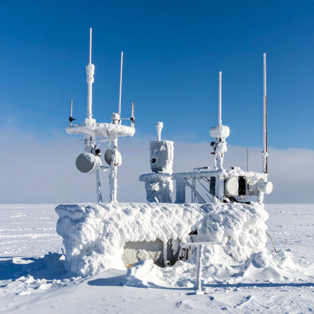 A remote scientific research station stands resilient against the extreme polar elements, its antennas and dishes encrusted in thick ice and snow.の素材