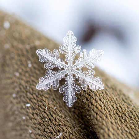 A single, perfectly symmetrical snowflake rests delicately on a textured fabric surface.の素材