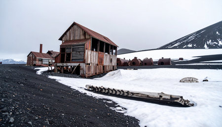 Echoes of a bygone era resonate from this abandoned whaling station on Deception Island, Antarctica.の素材