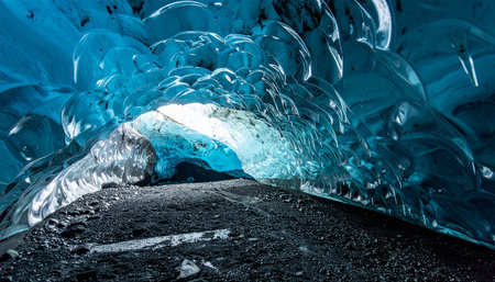 Sunlight filters through the dense, ancient ice of a glacial cave, illuminating the sculpted blue walls in a breathtaking display of natural art.の素材