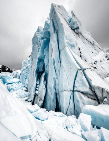A towering wall of ancient glacial ice reveals its deep blue heart through a network of cracks and fissures.の素材