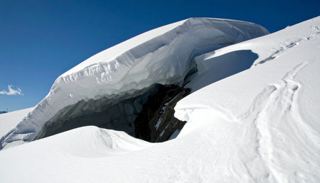 A gaping, dark crevasse opens up in a vast, sun-drenched glacier, inviting thoughts of adventure and the raw, untamed power of nature.の素材