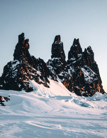 Jagged rock spires, cloaked in a pristine blanket of winter snow, pierce the cold, clear sky.の素材
