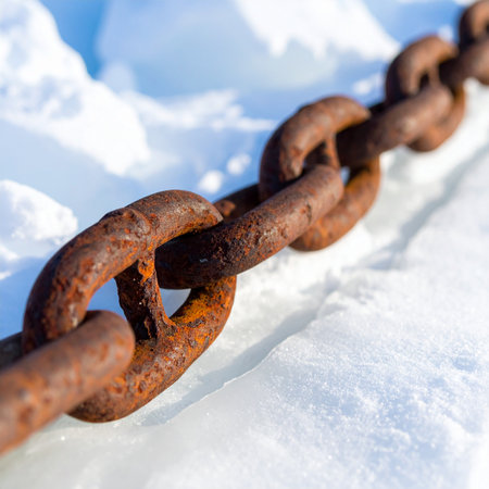 A heavy, corroded iron chain lies partially buried in the bright, clean snow.の素材
