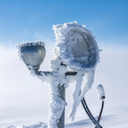 In the unforgiving cold of a high-altitude peak, a lone weather station stands encased in a thick layer of rime ice.の素材