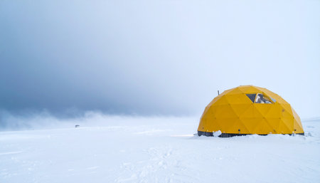 A lone yellow dome tent stands as a beacon of survival against a vast, unforgiving snowy landscape.の素材