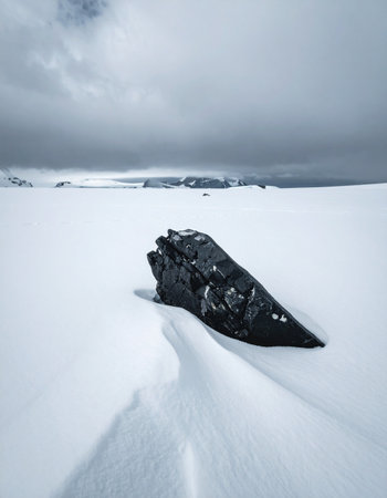 A single, dark volcanic rock stands as a solitary sentinel in a vast, unending expanse of snow.の素材