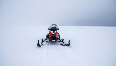 Athlete on a snowmobile moving in the mountains in winterの素材
