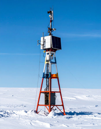 A remote automated weather station stands alone against a clear blue sky in the vast, frozen expanse of Antarctica.の素材
